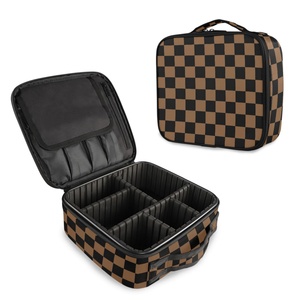 Brown/Black Checkered Professional <b>Makeup</b> Artist Holder Cosmetic <b>Box</b> Organizer <b>Makeup</b> Travel Case with Adjustable Dividers - Product Image 5