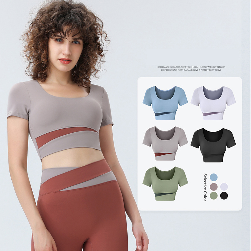 Summer 2025 New Influencer Fashion Patchwork Color Top Female Running Sports Fitness Outdoor Cycling Yoga Clothing Short Sleeve