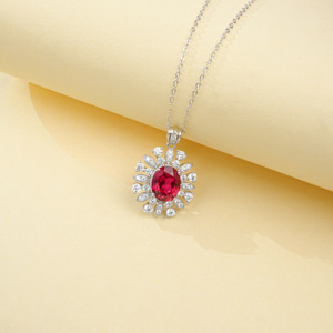 Vintage Inspired Sunburst Lab Ruby Necklace, Oval Cut Center Stone with Multi-Shape Halo Pendant in 925 Silver - Product Image 4