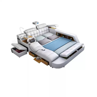 Lit Tatami en cuir véritable Moderne Simple Double Théâtre Familial Projecteur Lit de mariage Multifonctionnel Massage électrique Pliable