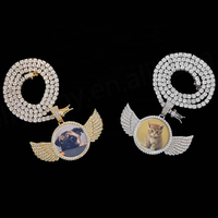 Collier pour homme de 24 pouces avec pendentif personnalisé en forme d'ailes rondes, photo encadrée, bijoux de mode, marque tendance, personnalité affirmée