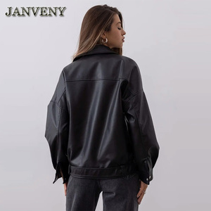 JANVENY 2024 nouveau printemps automne Faux <span class=keywords><strong>cuir</strong></span> veste ample femmes revers col à manches longues Locomotive Pu <span class=keywords><strong>Imitation</strong></span> <span class=keywords><strong>cuir</strong></span> <span class=keywords><strong>manteau</strong></span> - Product Image 5