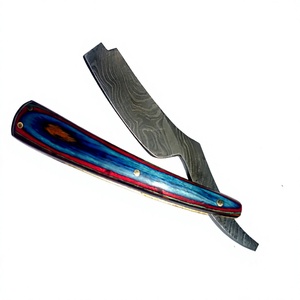Damascus Steel Straight <b>Razor</b> Blue Red Wooden Handle Single Blade Barber Shop Use for <b>Men</b> ASAP Stainless Steel - Product Image 1
