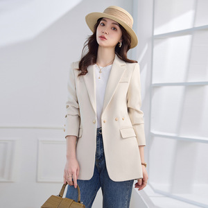 Women's Beige Blazer Slim Fit Solid Color Polyester Fiber 100% Worsted Spring Autumn Casual Suit Jacket - Product Image 3