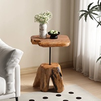 Table d'appoint rustique en bois massif à bord naturel, table de bout de canapé en souche d'arbre naturelle avec tige métallique, table d'appoint en bois massif faite à la main pour salon