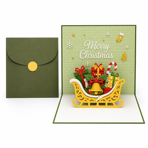 Tarjeta de Navidad 3D Pop-up con Trineo, Regalos, Campana, Bastón de Caramelo, Oliva y Sobre, Tarjeta de Felicitación Navideña con Corte Láser - Product Image 1