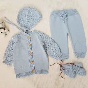 Conjunto de algodón orgánico para recién nacido, conjunto de punto, suéter grueso para bebé, monos, bombachos, ropa, conjunto de ropa de bebé de punto