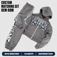 Ensemble de survêtement gris personnalisé pour homme, imprimé étoiles, deux pièces, sweat-shirt à capuche entièrement zippé en coton, pantalon de jogging à revers, streetwear