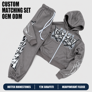 Conjunto Deportivo Personalizado para Hombre en <span class=keywords><strong>Gris</strong></span> con Estampado de Estrellas, Dos Piezas, Sudadera con Capucha <span class=keywords><strong>y</strong></span> Cremallera Completa, Pantalones Deportivos con Puños, Ropa Urbana - Product Image 1
