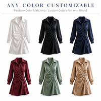 Robe chemise en satin pour femme OEM ODM, logo et taille personnalisés, manches longues, col, taille froncée, mini-robe pour les acheteurs en gros