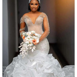 Manches longues élégant dentelle cravate grande remorque Style bohème Wrap taille chapelle sirène robe de mariée robe de perles - Product Image 3