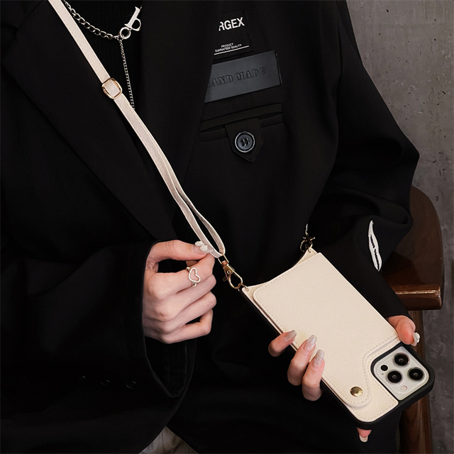 Anti Shock Leather Wallet Card Slot Stand Holder Mirror Mobile Phone Case Cover with Crossbody Chain Strap for iPhone 13 Pro Max