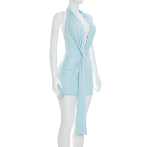 Robe moulante mini Viviblook D26DS146 pour femme, couleur unie, sexy, sans manches, dos nu, col halter, bretelles torsadées, pour l'été - Product Image 4