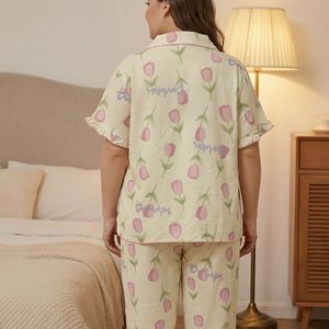 Set <span class=keywords><strong>Pigiama</strong></span> Estivo da <span class=keywords><strong>Donna</strong></span> <span class=keywords><strong>Taglie</strong></span> Forti ODM OEM, Due Pezzi Floreali Stampati Traspiranti con Bottoni Frontali e Maniche Corte - Product Image 4