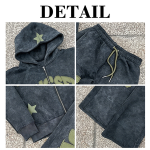 Custom Graphic Zipper Vintage Embroidery Patchwork Heavyweight Distressed Applique Patch Stone Acid Wash <b>Zip</b> up Cropped Hoodi - Product Image 6