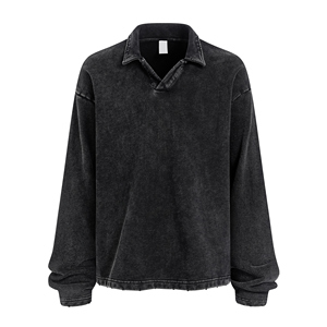 Automne hiver Vintage tenues marque à la mode 400G Terry tricoté chemises à col 100% coton en détresse lavé unisexe - Product Image 1
