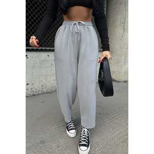 กางเกงลำลองผู้หญิงสีเทาเอวสูงทรงขาบานพร้อมเชือกผูก ระบายอากาศได้ดี ไซส์ 3XL สีวอช - Product Image 4