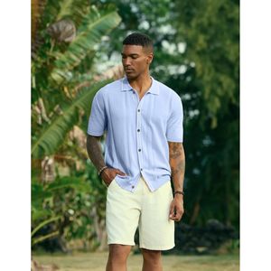 Chemise à Boutons en Tricot pour Homme FOXA, Manches Courtes, Respirante, Décontractée, pour les Vacances, Polo en Coton Bleu Clair - Product Image 3