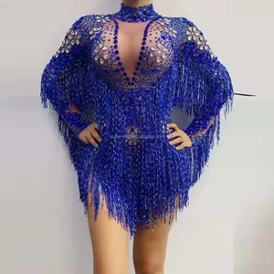 Cristalli scintillanti tuta blu discoteca vestito da partito donne Costume da ballo Sexy tuta con strass