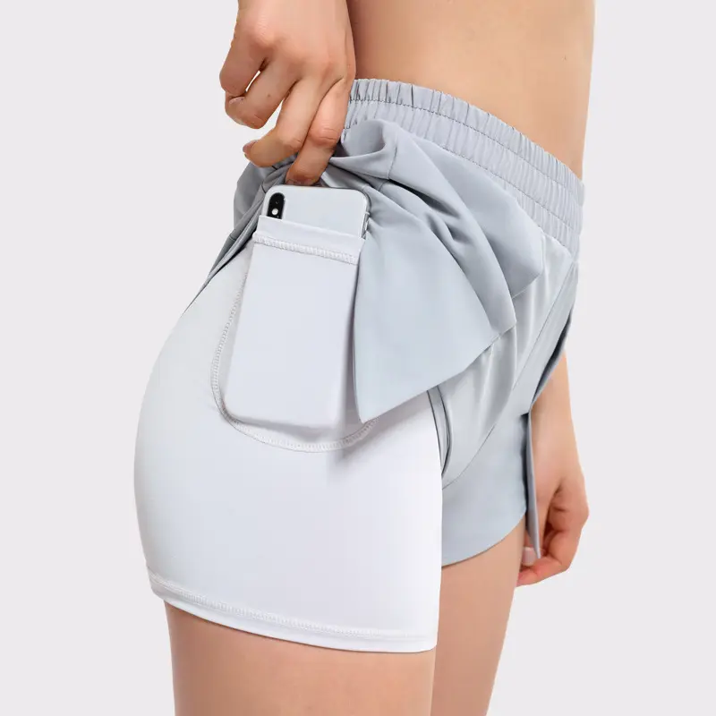 Tùy Chỉnh Logo Nhãn Chạy Thể Dục Breathable Ruffle Hai Lớp Pocket Stretch Thể Thao Quần Short Yoga Cho Phụ Nữ