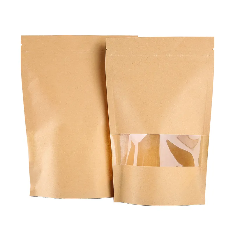 Brown Kraft Paper Stand Up Zip lock Pouches Brown Clear zipper pouch Bags With Clear Zipper Window Food Packaging