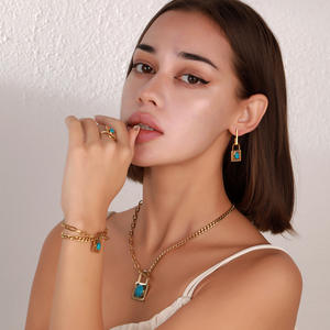 ステンレススチール ターコイズ ブレスレットセット ジョーカーネックレス スクエアペンダントチャーム 4点ジュエリーセット - Product Image 5