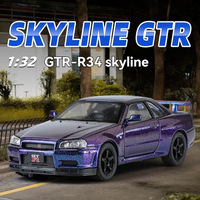 JLF GTR-R34 Skyline 1:32 Coche de juguete de aleación fundida a presión con sonido y luz, modelo de metal con retroceso, adorno para coche, puertas que se abren, decoración todoterreno