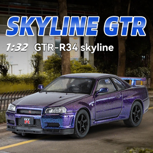 JLF GTR-R34 Skyline 1:32 Coche de juguete de aleación fundida a presión con sonido y luz, modelo de metal con retroceso, adorno para coche, puertas que se abren, decoración todoterreno - Product Image 2