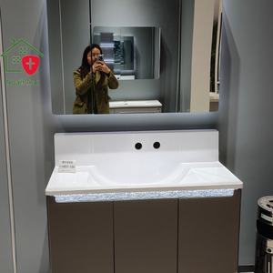 Meuble de salle de bain moderne marron à trois portes avec vasque en céramique blanche, rangement, miroir éclairé par LED, panneau en mélamine, idéal pour hôtel - Product Image 1