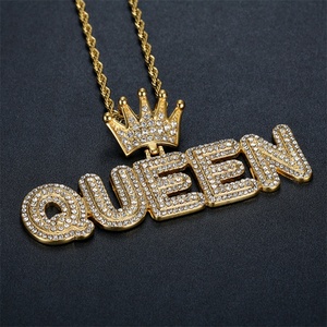 Hiphop New Design Crystal 18K Gold Plated Queen Crown Stainless Steel Pendant Necklace <b>Rope</b> <b>Chain</b> Letter Shape for Anniversary - Product Image 3