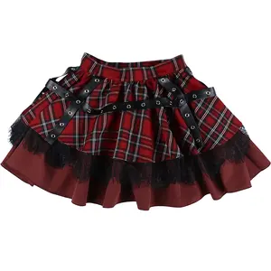 Faldas góticas Punk de cintura alta para mujer, Falda plisada con patrón cruzado, estilo oscuro, ropa de calle para Club, minifalda Cosplay