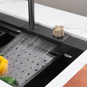 Lavello da <span class=keywords><strong>Cucina</strong></span> Rettangolare Fatto a Mano in Acciaio Inox SUS304 con Cascata, Doppia Vasca e Rubinetto Monoforo - Product Image 4