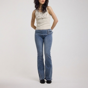 Jeans a Zampa d'Elefante da Donna <span class=keywords><strong>con</strong></span> Doppia Fibbia OEM/ODM, Blu Lavato, Vestibilità Slim, Stile Bootcut, Denim Y2K Streetwear, Direttamente dalla Fabbrica - Product Image 1