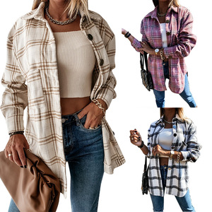 <span class=keywords><strong>Manteau</strong></span> en laine mélangée à <span class=keywords><strong>carreaux</strong></span> pour femme, collection automne-hiver 2026, coupe ample mi-longue, veste boutonnée style overshirt - Product Image 1