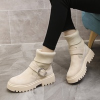 Bottines en daim tricotées pour femme, double usage, nouvelle collection automne 2023, style britannique, avec boucle de ceinture, talon moyen, chaudes et confortables