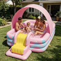 Piscine gonflable rose avec parasol et toboggan, grande, pliable, en PVC, pour usage intérieur et extérieur, pour adultes et enfants.