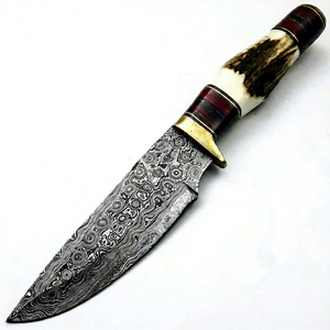 Couteau de chasse et de camping de haute qualité en acier Damas avec manche en cuir, lame de 5 pouces, tranchant, OEM - Product Image 1