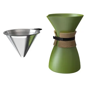 DHPO Ceramic pour over start set with dripper green marble color with wooden lid and sleeve stainless steel filter