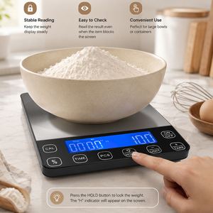 Báscula Digital Profesional para Cocina, con Pantalla LCD, Diseño Delgado de Acero Inoxidable, Temporizador, Función Tare, Unidades de Medida PCS, Electrónica para Cocinar - Product Image 5