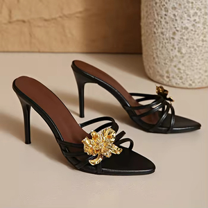 Sandalias Elegantes y Modernas 2026, Tacones Altos, Diseño Abierto, con Decoración de Flores Metálicas, para Mujer - Product Image 2