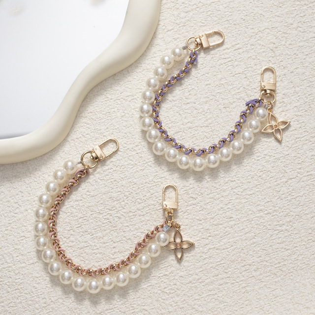 Luxury Pearl Beaded Mobile Phone Case Double Chains Phone Wrist Strap Lanyard With Patch Pad Clip