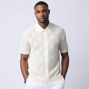 Camicia <span class=keywords><strong>Polo</strong></span> Estiva da Uomo in Maglia Bianca Crema con Occhielli, Maniche Corte, Traspirante, con Bottoni - Product Image 1