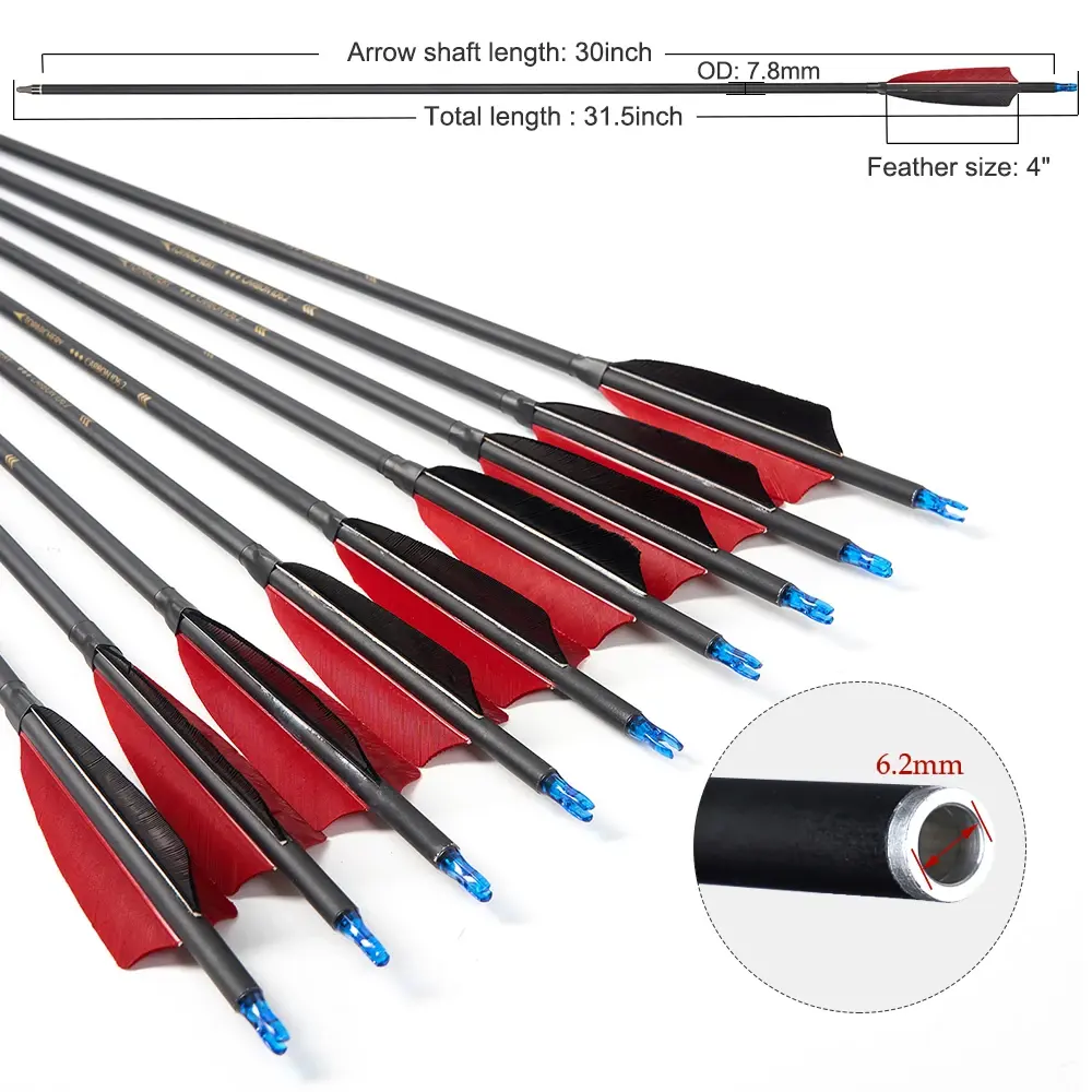 12pcs Archery Arrow Carbon Arrow 31.5inch Spine 500 With 4inch Real Feather For Outdoor Shooting Hunting Accessories