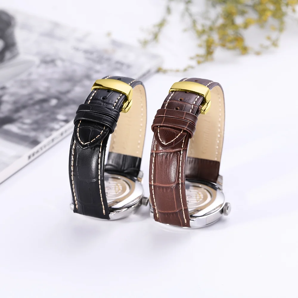 Trendybay High Quality Butterfly Clasp Custom OEM Vintage Genuine Calfskin Leather Watch Strap Smart Watch Replacement Band