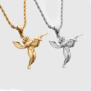 2023 Hot Sale Factory Supply Hypoallergenic Cupid Angel Wings Pendant Stainless Steel 18K Gold Plated Angel Gun Necklace Jewelry