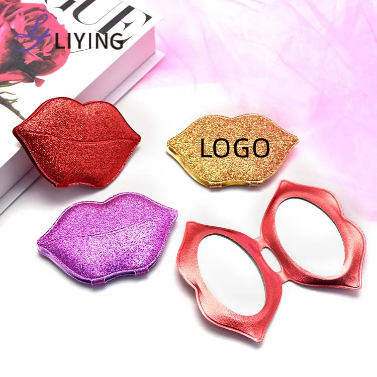 Lyder Groothandel Gepersonaliseerde Custom Karakter Chique Glitter Lederen Lipvormige Aangepaste Portemonnee Kleine Compacte Spiegel Met Logo