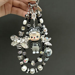 Chaîne de téléphone multifonctionnelle 15 cm personnalisable, noire et grise, ornée de perles, tendance, détachable, de luxe, avec ornement SP Doll en cristal incrusté - Product Image 5