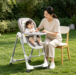 Chaise haute bébé pliable et réglable, vérifiée, avec coussin imprimé, plateau amovible et roues verrouillables pour l'alimentation des tout-petits - Product Image 3