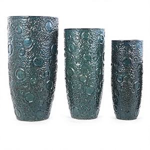 Pot de fleurs décoratif haut en céramique texturée vert foncé style américain, écologique et durable, avec trou de drainage, pour intérieur et extérieur - Product Image 1