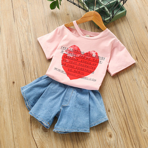 Vintage Tshirts and Latest Jeans Tops Girls Kids Short Sleeve Set Korean Children Clothing Wholesale From China Supplier - Product Image 5